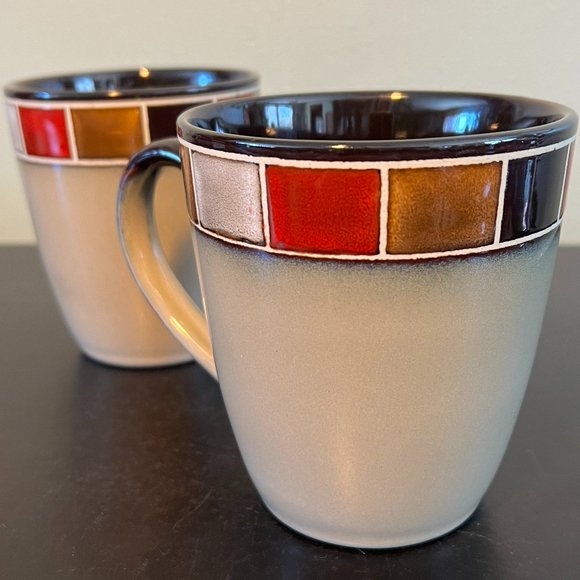 Pair of GIBSON Elite Casa Roja Stoneware Mugs w/ Small Square Glazed Tile Border - Picture 1 of 10